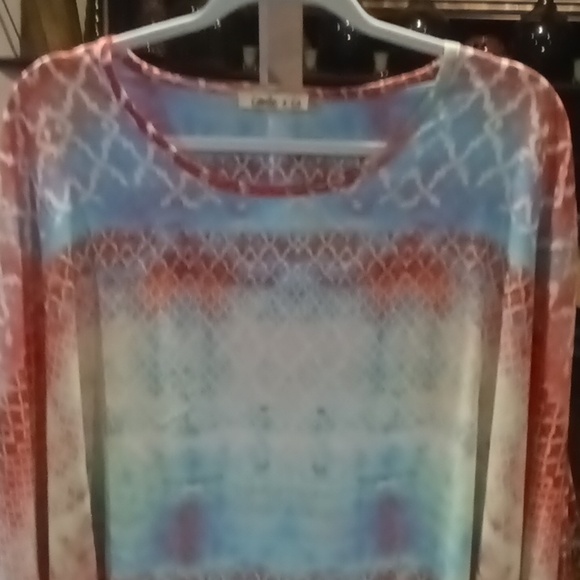 NWOT Camille & Co orange sheer multi-colored patterned designed blouse Sz S/M - Picture 4 of 12